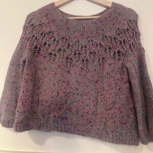 Women's handmade Knit Sweater with Lace Detail - Purple alpaca yarn size S
